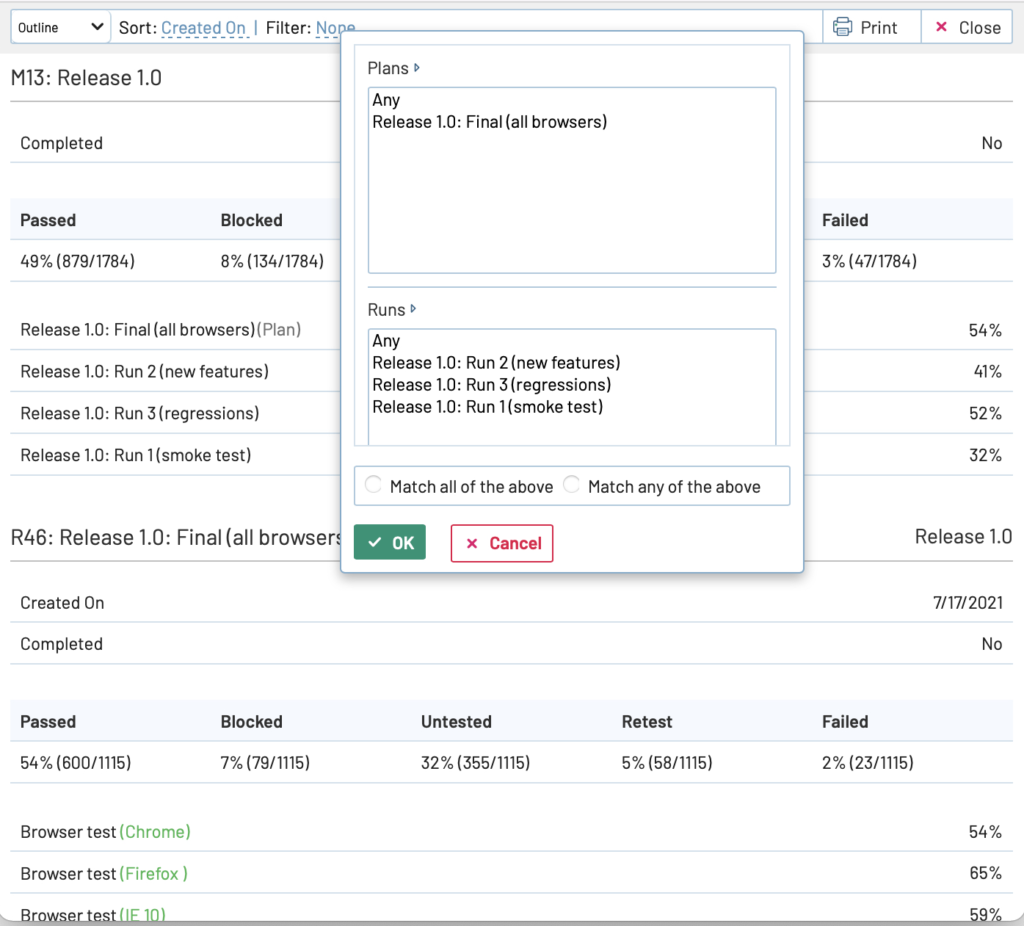 TestRail 7.2 new sort and filter capabilities in print report 