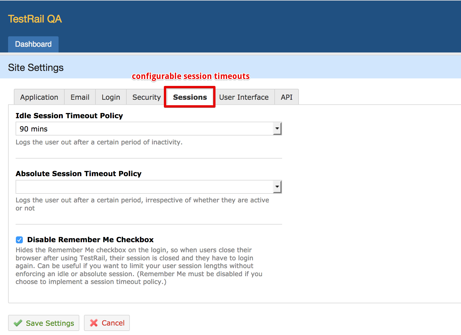 configurable session timeout settings in the administration system settings area