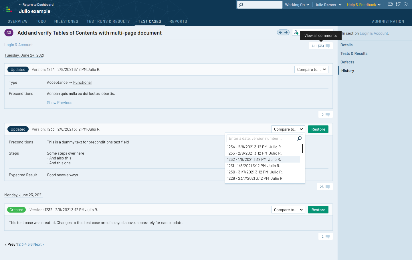 TestRail 7.3 Test Case Version Compare and Restore