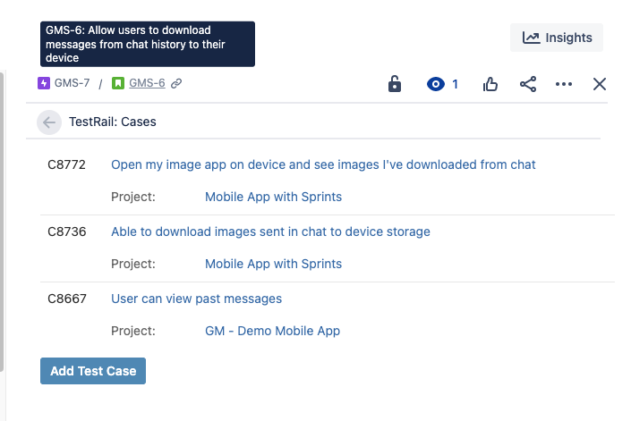 A Jira screenshot showing TestRail test cases linked to a Jira story.