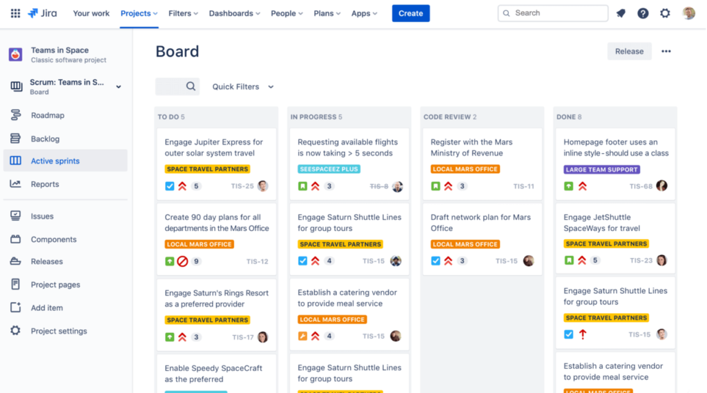 Jira tickets organized on a kanban chart, displaying the progress of tasks during a sprint. Image via atlassian.com.