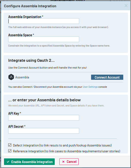 TestRail Release 6.4 Configure Assembla Integration screen