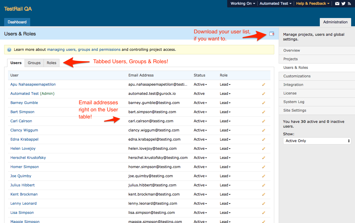 tabbed users and roles in the administration area