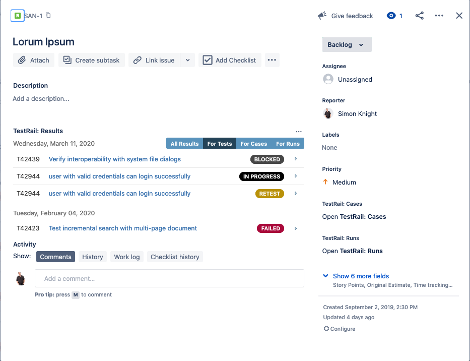 TestRail results appear inside a Jira issue