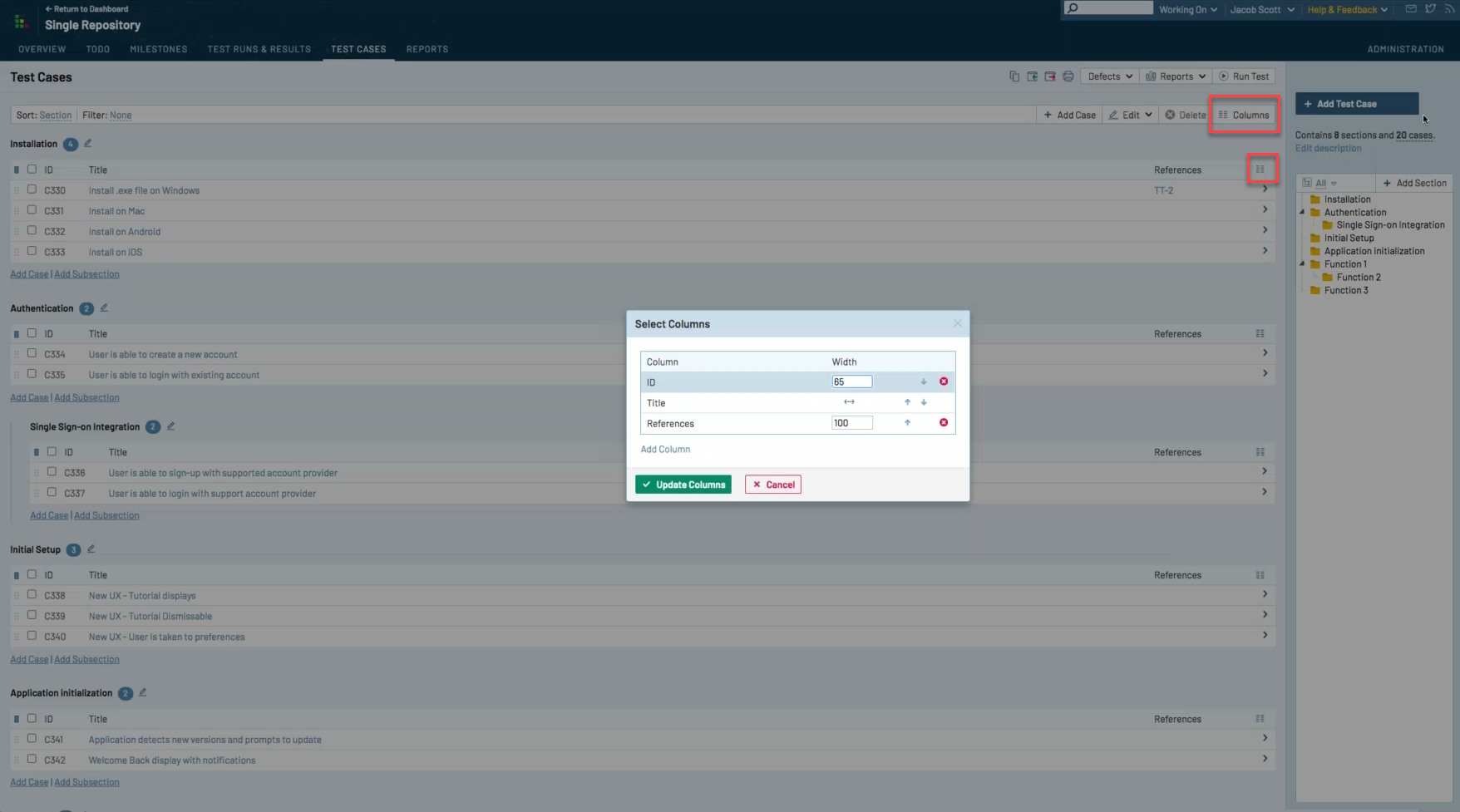 TestRail Test Case Summary Screen