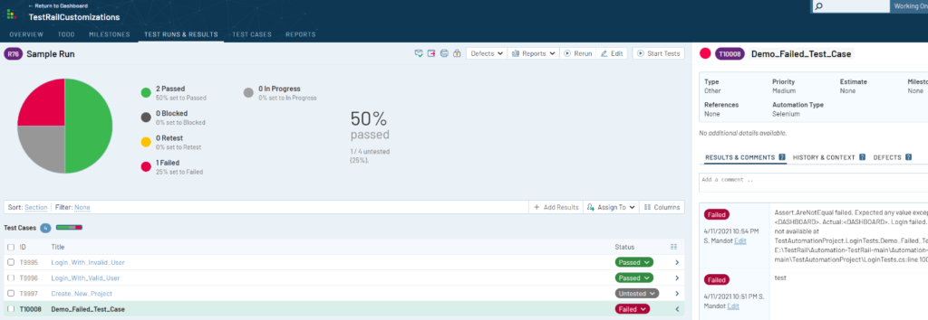 Updated result in TestRail